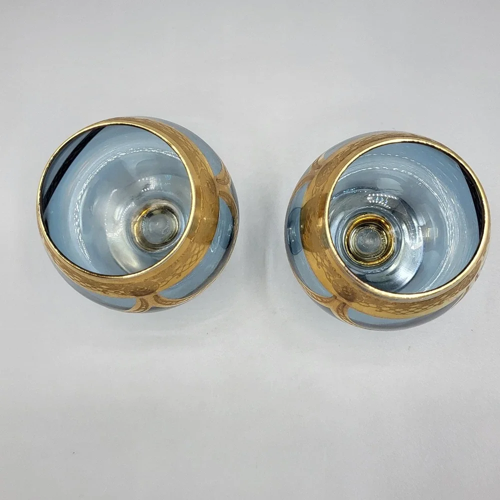 Vintage MCM Italian Brandy Snifter Set 2 Blue Gold Encrusted Filigree Glassware